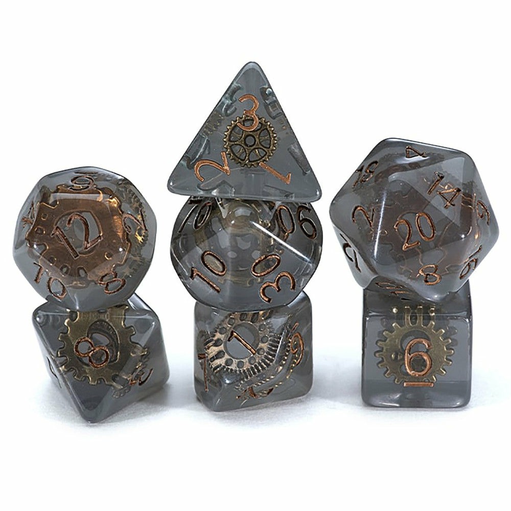 Dice, Roll & Write Games | Gate Keeper Games Steampunk Smoke Grey 7-Piece Resin Dice Set Games & Puzzles Dice, Roll & Write Games