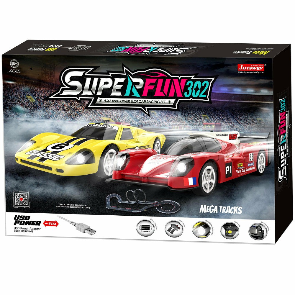 Playsets & Racetracks | Joysway Superfun 302 1/43 Scale Usb-Powered Slot Car Racing Set With Led Headlights Playsets & Racetracks Playsets & Racetracks