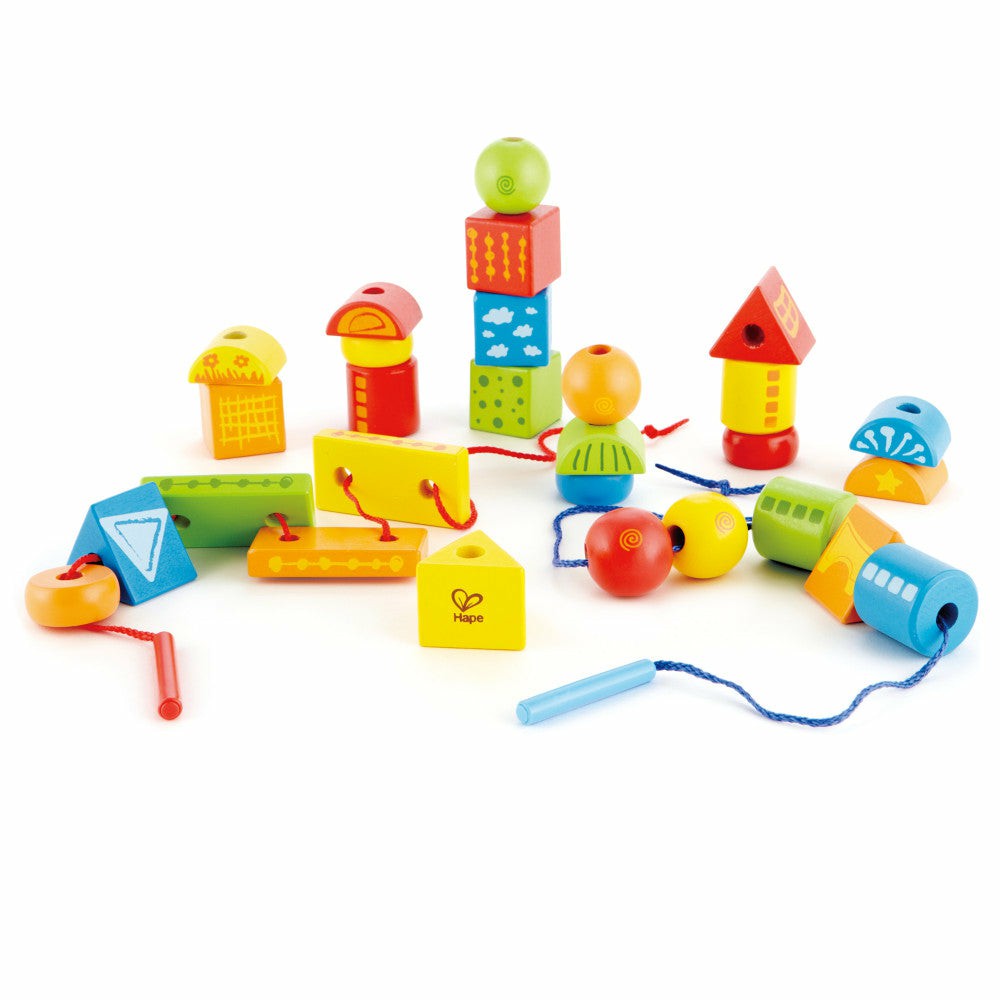 Preschool Building Sets & Blocks | Hape String-Along Shapes 32-Piece Wooden Lacing & Stacking Toy Building Blocks & Sets Preschool Building Sets & Blocks