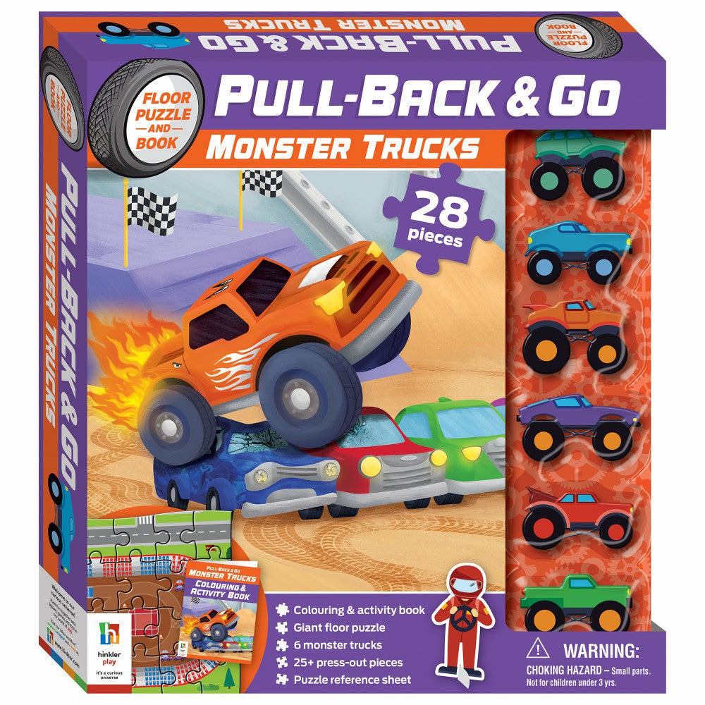 Puzzles | Monster Truck Mayhem 28-Piece Floor Puzzle Set With Pull-Back Vehicles Games & Puzzles Puzzles