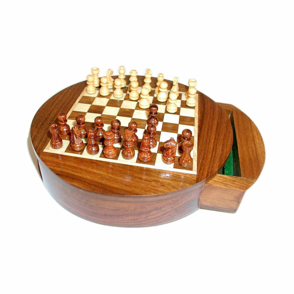 Role-Playing Games | Worldwise Imports 6″ Magnetic Round Wood Inlaid Chess Set With Slide Drawer Games & Puzzles Role-Playing Games