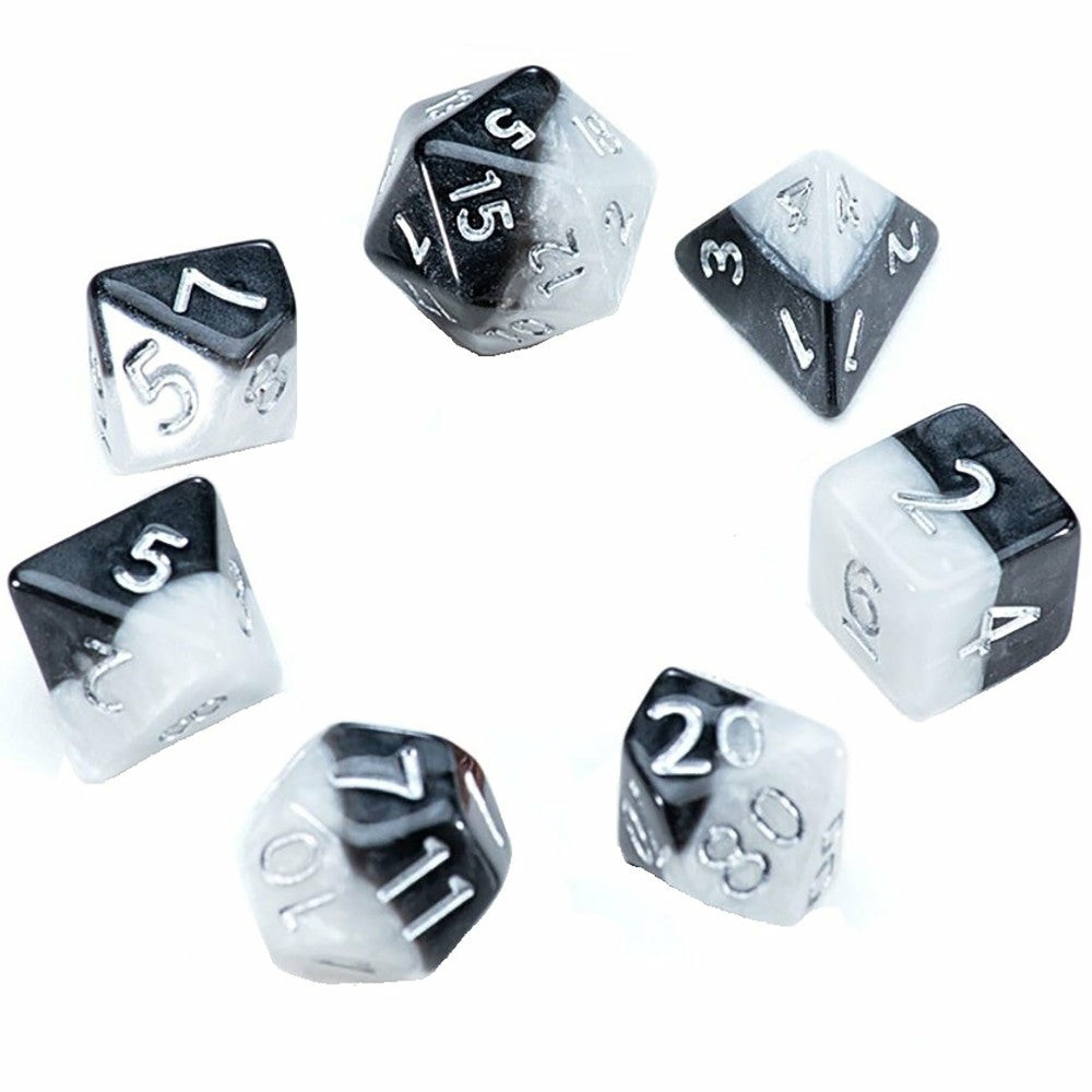 Dice, Roll & Write Games | Mighty Tiny Dice: Yin & Yang 7-Piece Resin Dice Set With Silver Numbers Dice, Roll & Write Games Dice, Roll & Write Games