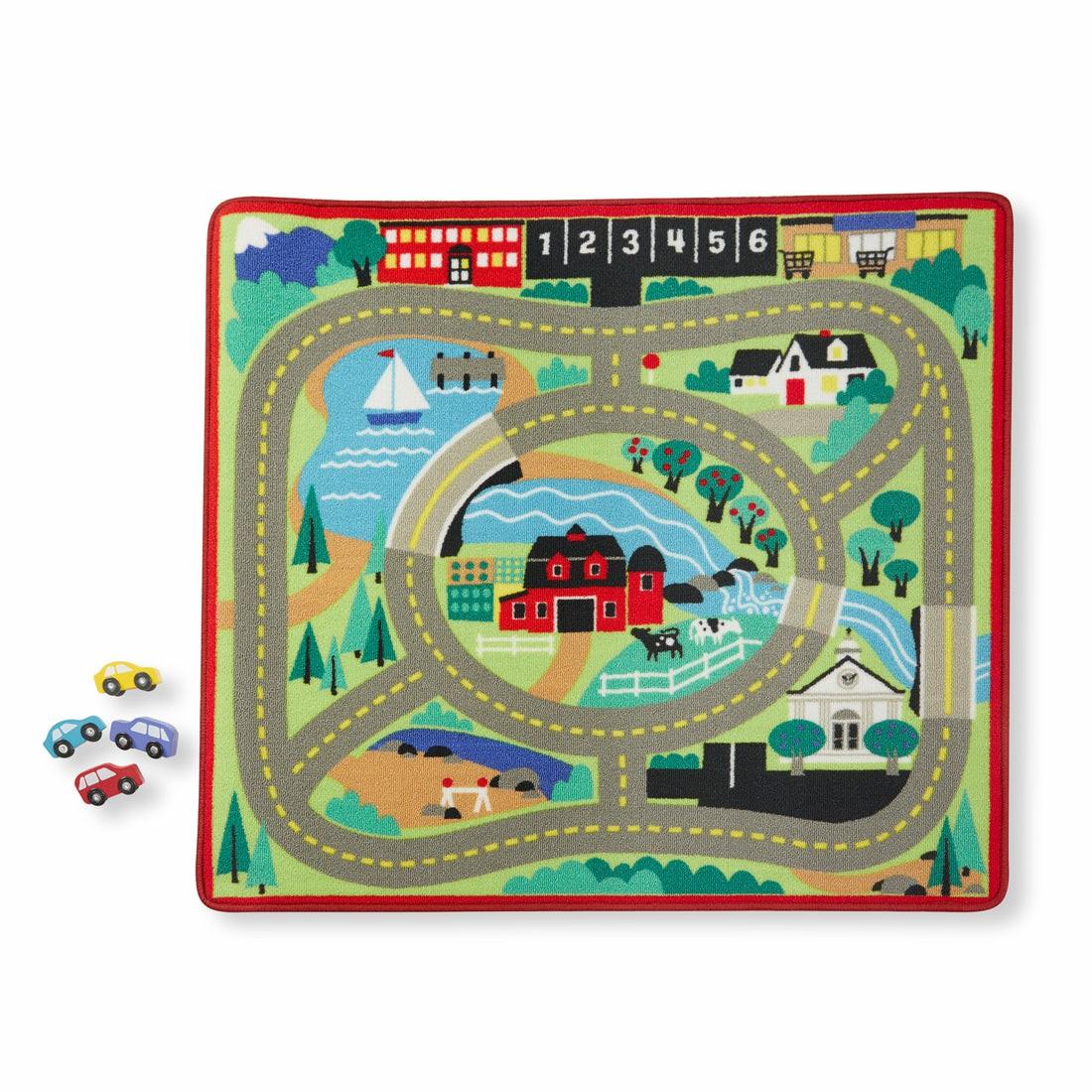 Preschool Vehicles | Melissa & Doug Round The Town Road Rug & 4 Wooden Cars Play Set Preschool Toys & Activities Preschool Vehicles